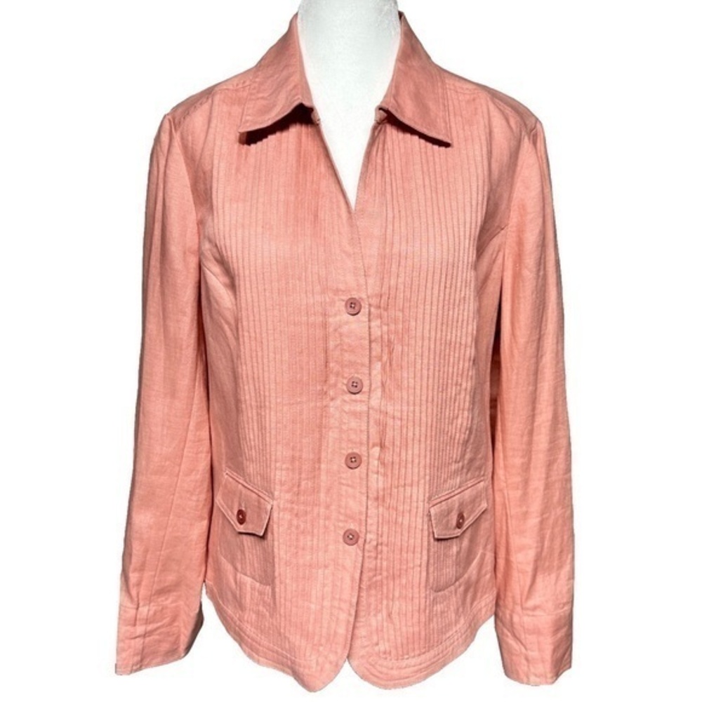 Jones New York 100% Linen Pink Pleated Button Up Blouse Office Womenās 12